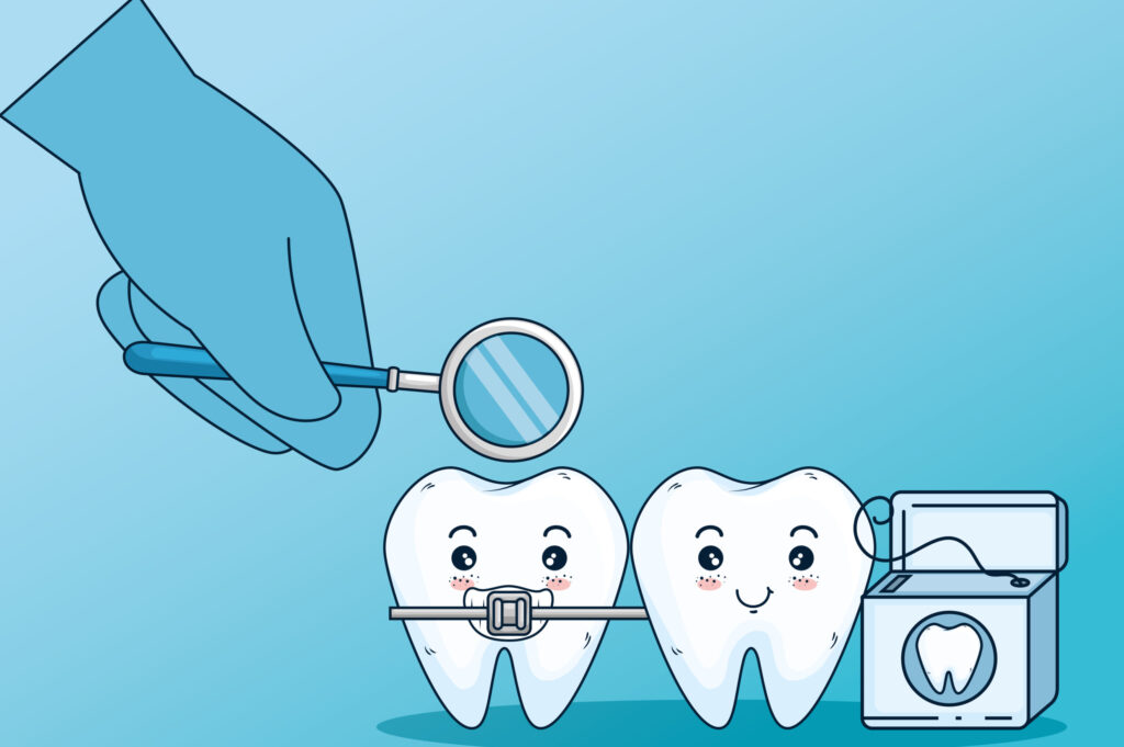 teeth care with orthodontic and dental floss vector illustration
